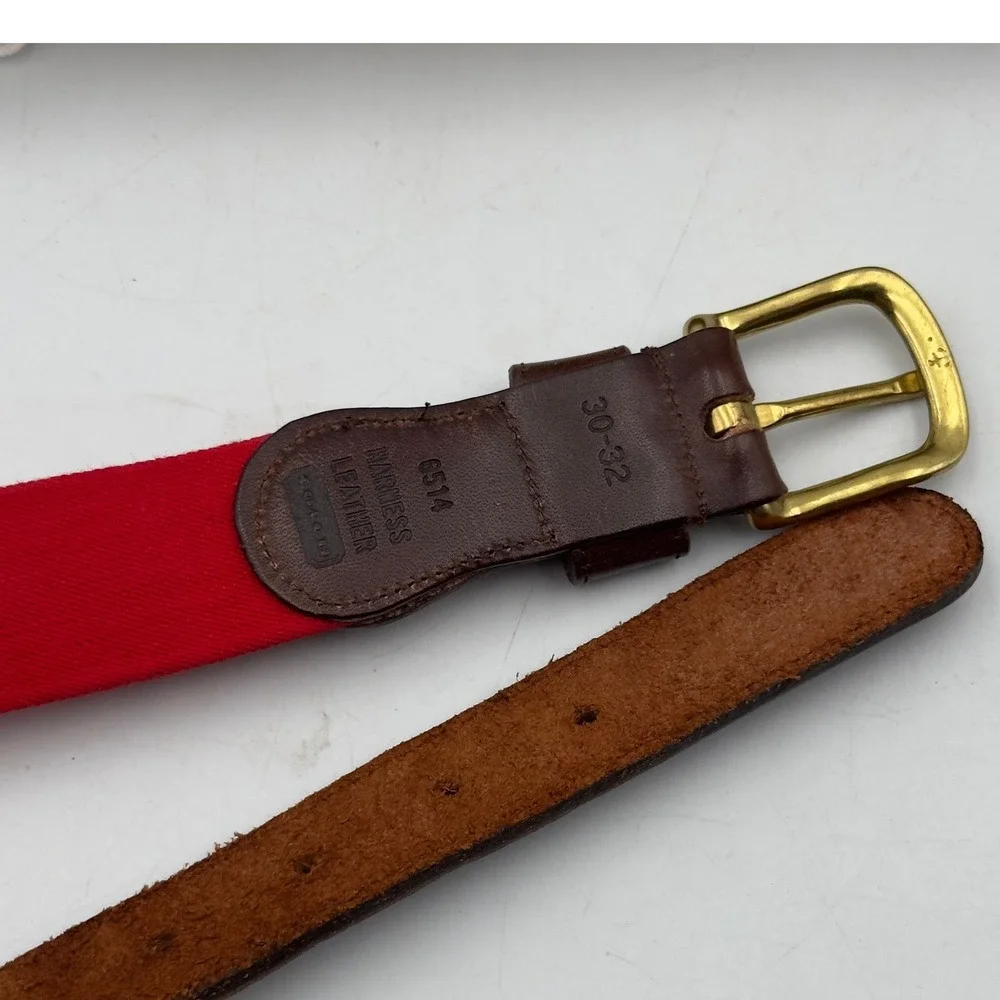 Vintage Belt Red Stretch Canvas Leather Brass Buckle 30-32 Preppy Equestrian